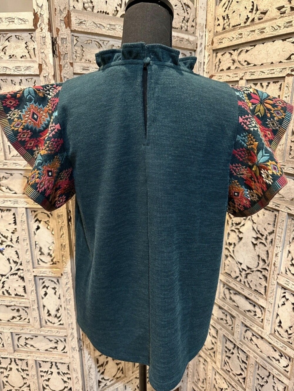 THML Teal Knit Top with Embroidered Flutter Sleeves Size Med - Picture 4 of 4